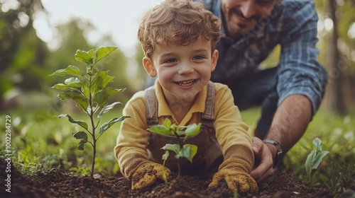 A young boy smiles while planting an orange tree with his grandfather in the ...