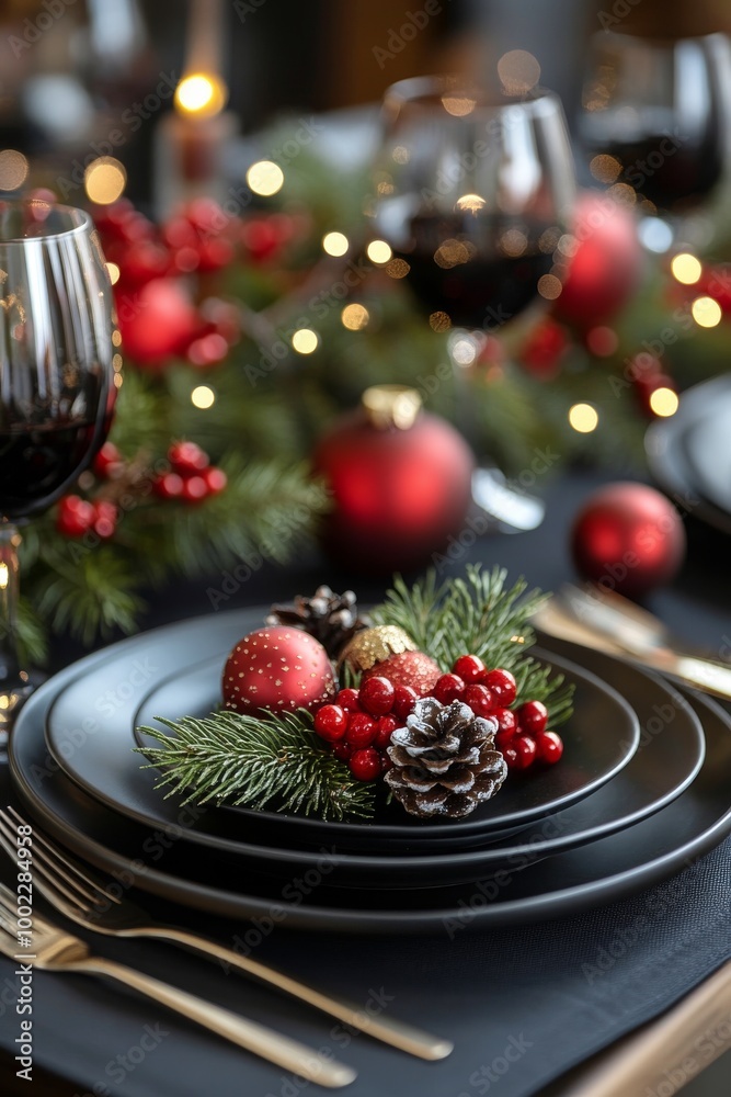 Elegant holiday table setting with glassware, ornaments, and greenery in soft lighting Elegant holiday table setting with glassware, ornaments, and greenery in soft lighting