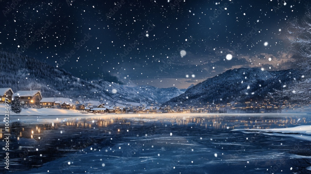 Fototapeta premium Snowy Night Scene with a Village Reflected in a Frozen Lake
