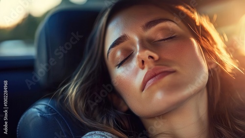 Young woman with closed eyes, resting in car during sunset