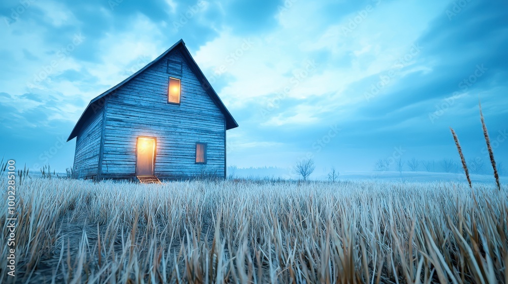 rustic wooden house illuminated in a serene landscape at dusk with golden light against a backdrop of foggy fields. rustic wooden house illuminated in a serene landscape at dusk with golden light against a backdrop of foggy fields.