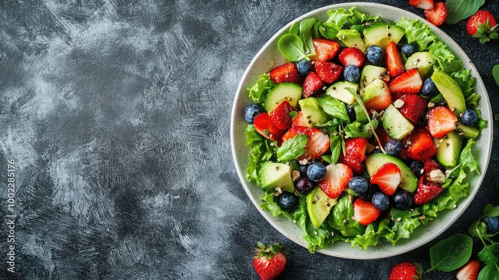 Fresh mixed salad with strawberries, blueberries, and avocado on bed of greens Fresh mixed salad with strawberries, blueberries, and avocado on bed of greens