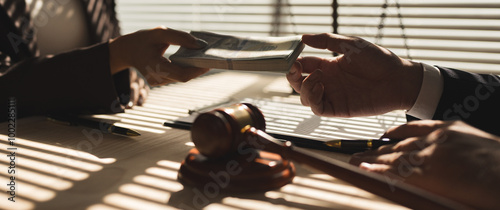 Concept of justice and law. Handing over money at a lawyer's office. Businessman's hand, lawyer receiving bribe from businesswoman in financial business. Business investment contract document.