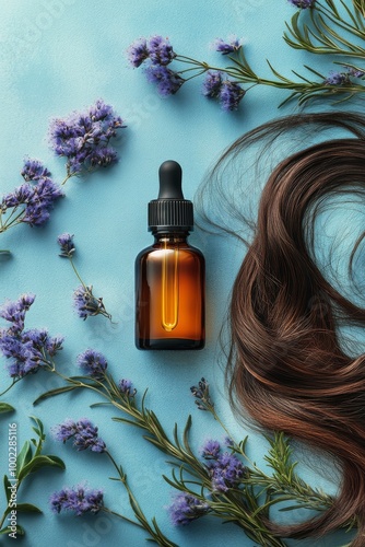 Hair serum bottle surrounded by strands of hair and green leaves on a turquoi...
