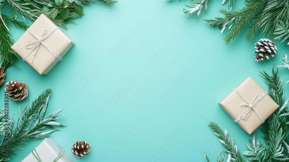 Wrapped presents and pine branches on turquoise background Wrapped presents and pine branches on turquoise background