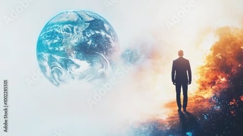 Man in suit standing on contrasting earth and fiery landscape