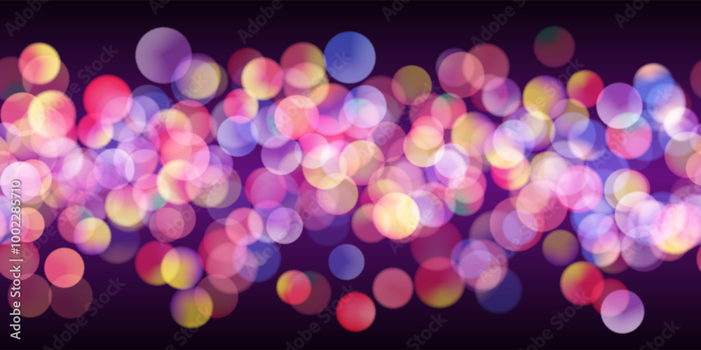 Multicolored neon glitter bokeh seamless pattern with circles on dark background. Bright festive bg with overlay effect. Vector illustration