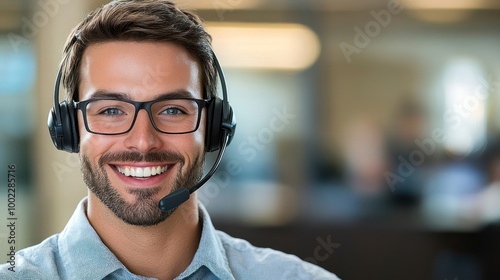 Portrait of a smiling man wearing glasses and a headset in an office.