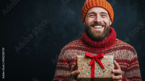 Happy man in a cozy sweater holding a gift box against a dark background duri...