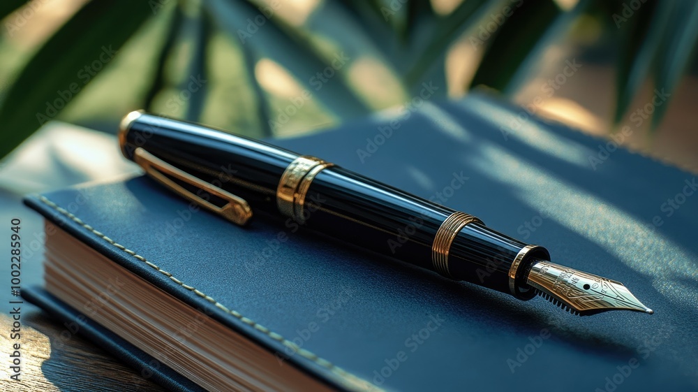 Elegant black fountain pen with gold accents on journal Elegant black fountain pen with gold accents on journal