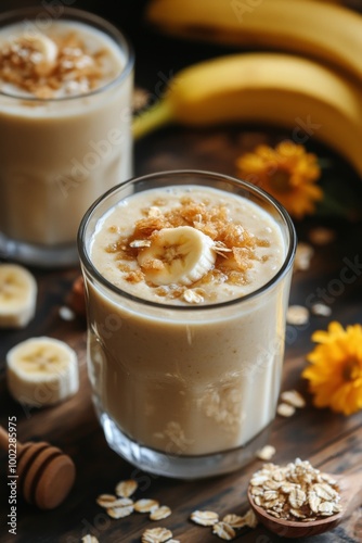 Banana smoothie with oats and honey beside fresh bananas on a wooden surface