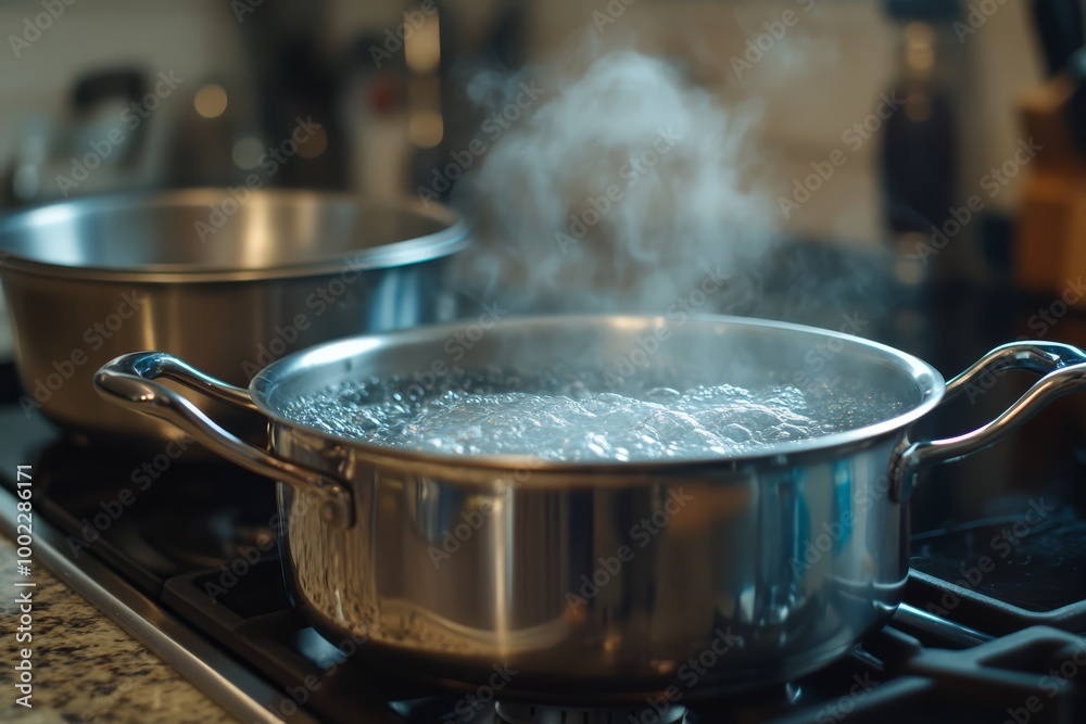 Close-up of a stainless steel pot with boiling water and steam on a stove in a kitchen setting, alongside another pot. Close-up of a stainless steel pot with boiling water and steam on a stove in a kitchen setting, alongside another pot.