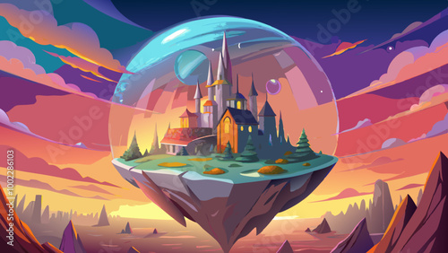 A fantasy castle enclosed in a glass sphere, floating on a rocky island above a fiery, colorful sky with stars. The castle has tall spires and towers, with a magical, whimsical appearance