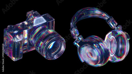 The camera and headphones made of glass or acrylic material. The gadgets with trendy light dispersion effect. Rotation on the black background, 3d render