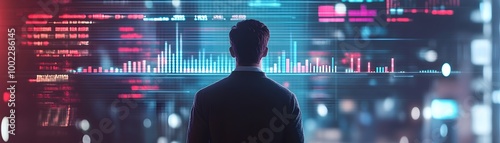 Futuristic Financial Consultant Visualizing Data Driven Growth Strategies Through Layered Holographic Charts