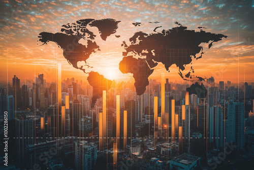 World map overlay on a glowing city skyline at sunset, featuring bright lights and skyscrapers symbolizing globalization and modern technology
 photo