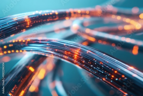 Abstract close-up of glowing fiber optic cables intertwined, creating a mesmerizing light display