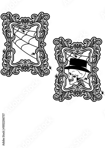 Spooky Frame | Vintage Mirror | Halloween Frame | Halloween | Creepy Mirror | Skeleton Head | Spider Web | Spooky Border | Original Illustration | Vector and Clipart | Cutfile and Stencil