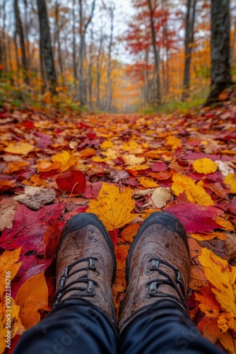 Enjoying a peaceful hike on a colorful autumn trail covered in vibrant leaves...