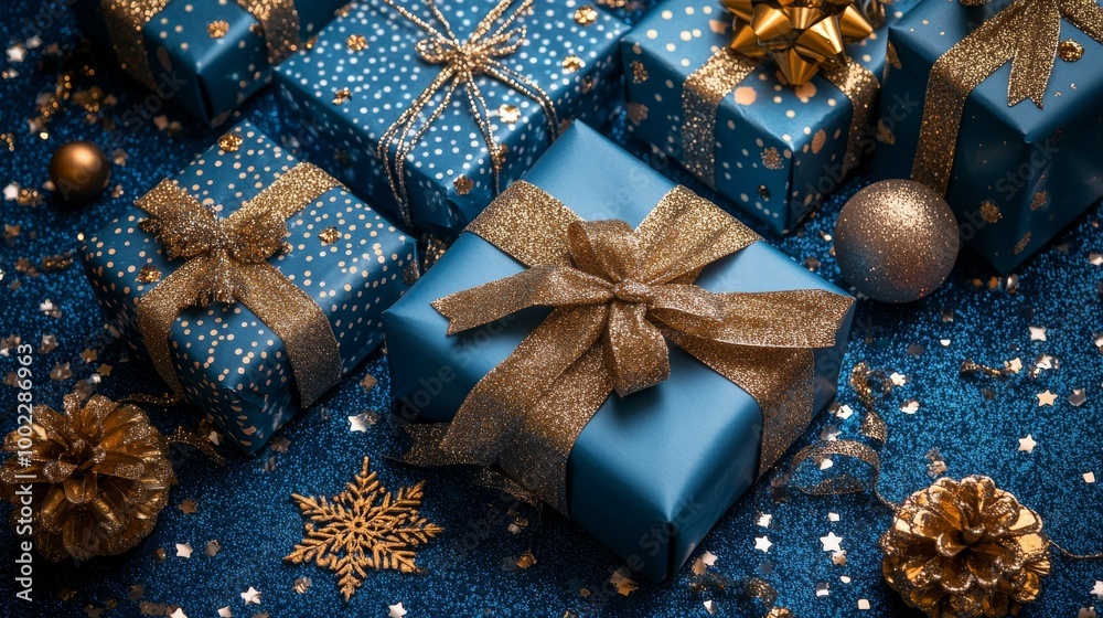 Blue gift boxes adorned with gold ribbons on a festive table during the holiday season Blue gift boxes adorned with gold ribbons on a festive table during the holiday season