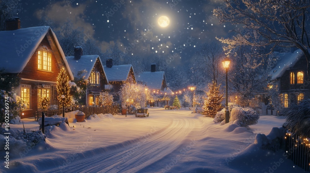 Snowy Village Street at Night with Christmas Lights and Full Moon
