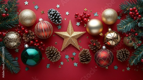 Festive holiday decorations featuring ornaments, pinecones, and glitter on a ...