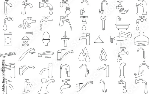Water faucet or tap icon set for logo and T-Shirt. Thin line art editable stroke.