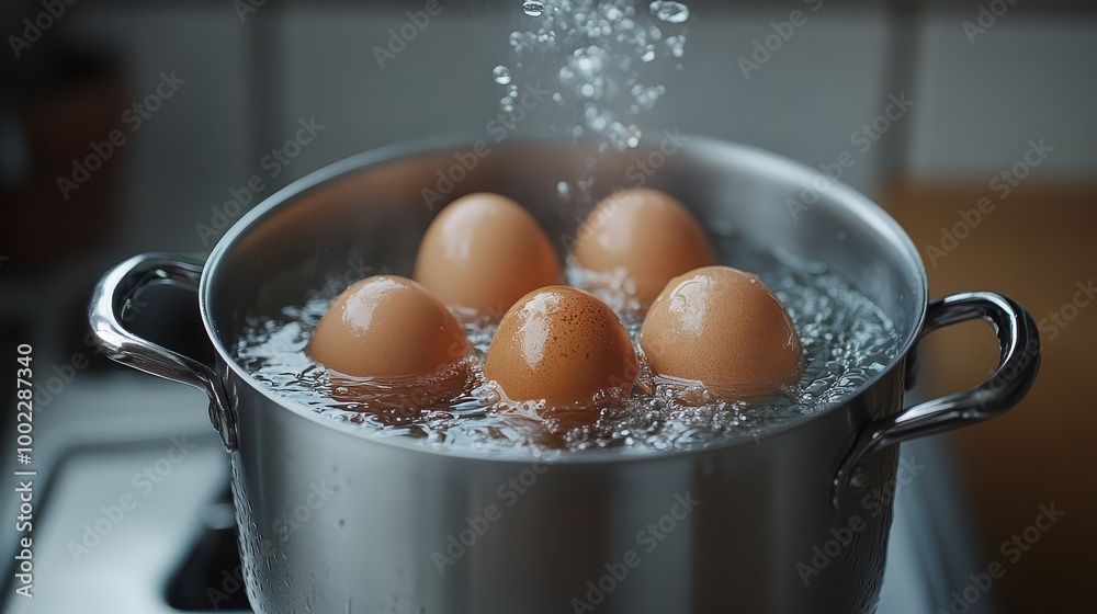 Close-up of five eggs boiling in a stainless steel pot filled with water, with bubbles and steam rising up in a kitchen setting. Close-up of five eggs boiling in a stainless steel pot filled with water, with bubbles and steam rising up in a kitchen setting.