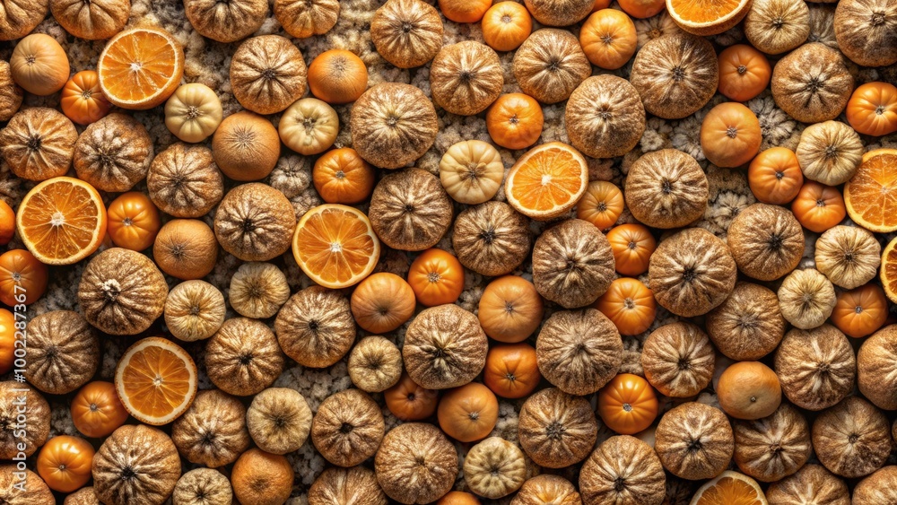Dried poppy pods arranged in a textured pattern. Dried poppy pods arranged in a textured pattern.