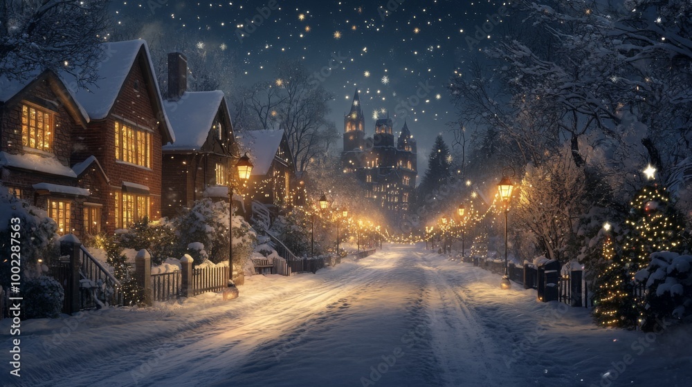 A Snowy Nighttime Street Scene with a Christmas Tree and Distant Castle A Snowy Nighttime Street Scene with a Christmas Tree and Distant Castle