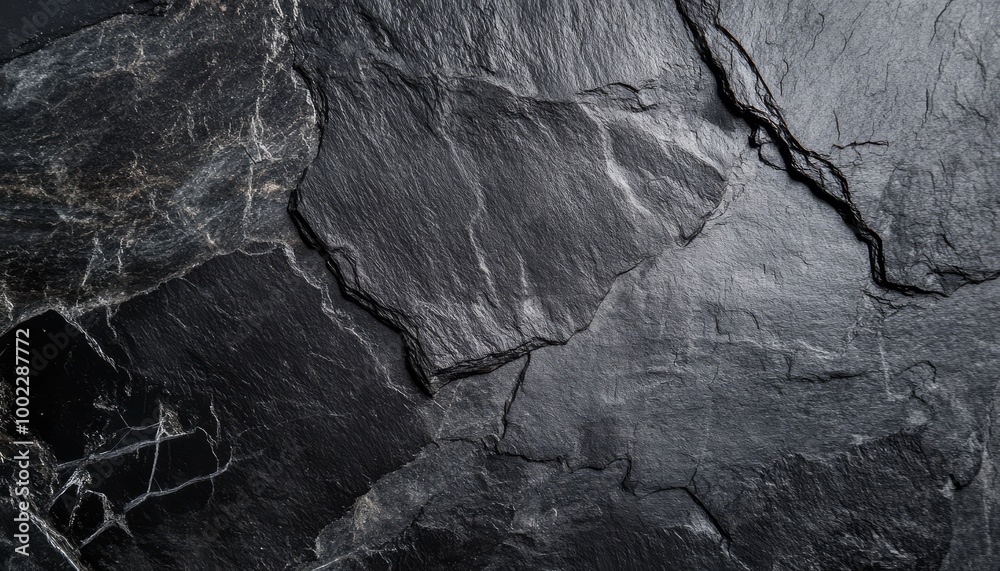 Fototapeta premium Close-up of dark, natural stone texture with visible cracks and veins, perfect for backgrounds or textures.