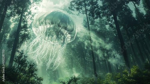   A languid jellyfish drifts aloft amidst emerald foliage, as a misty forest envelops