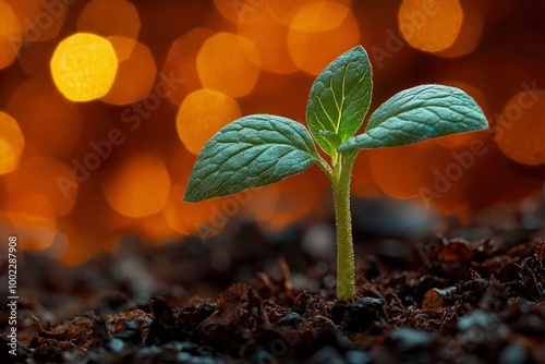 A Single Green Sprout Emerging from Dark Soil with a Blurred Orange Bokeh Background