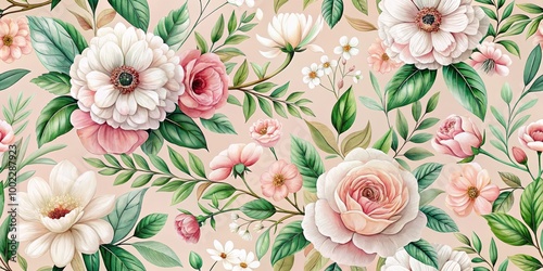 A Delicate Watercolor Floral Pattern of Peach and White Blossoms on a Peach Background