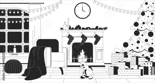 Cozy Christmas fireplace black and white line illustration. Cat licking paw beside Xmas tree presents 2D interior monochrome backdrop. Fir new year. Stocking holiday candles garlands scene vector