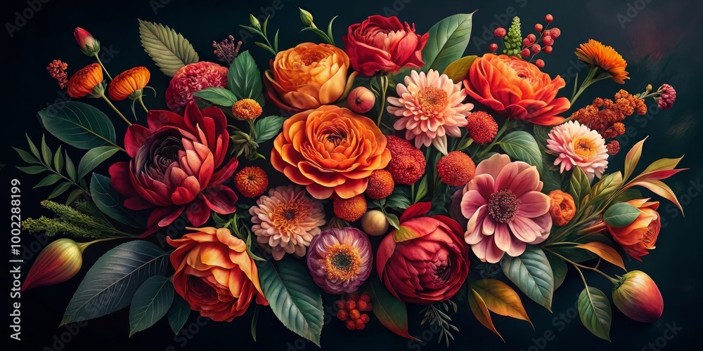 A Rich Tapestry of Autumnal Blooms Against a Dark Background A Rich Tapestry of Autumnal Blooms Against a Dark Background