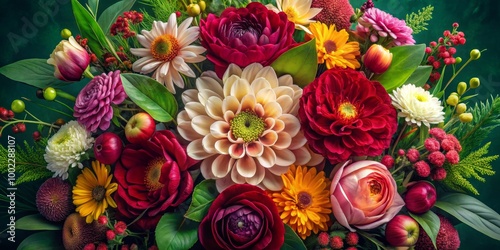 A Lush Bouquet of Blooms and Berries on a Green Background
