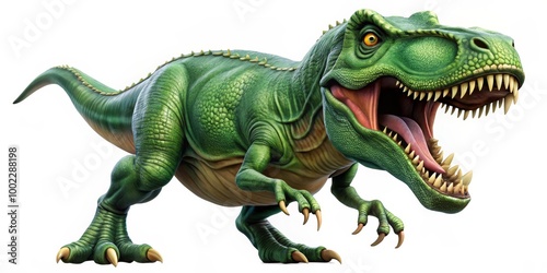 A Roaring Green Tyrannosaurus Rex Dinosaur, Digital Illustration with Detailed Texture and Sharp Teeth