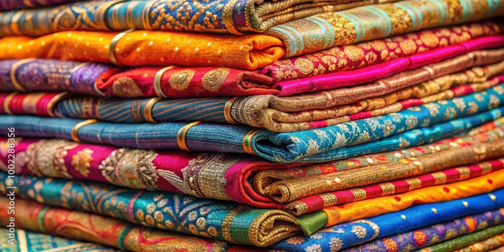 A Stack of Vibrant Indian Saris with Gold Embellishments, Close Up, Horizontal Composition A Stack of Vibrant Indian Saris with Gold Embellishments, Close Up, Horizontal Composition