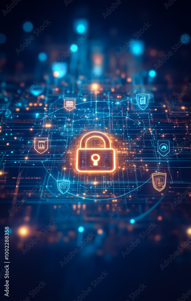 Abstract futuristic digital illustration featuring a glowing lock symbol surrounded by a complex grid of interconnected nodes and data points, representing cybersecurity and digital protection.