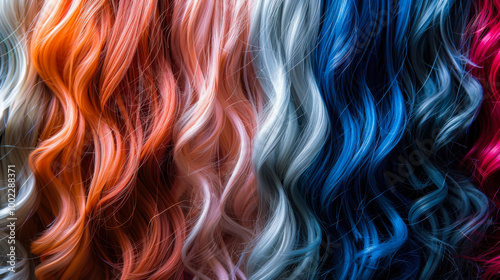 A row of long, colorful hair with a blue section in the middle. The hair is styled in a way that makes it look like a rainbow