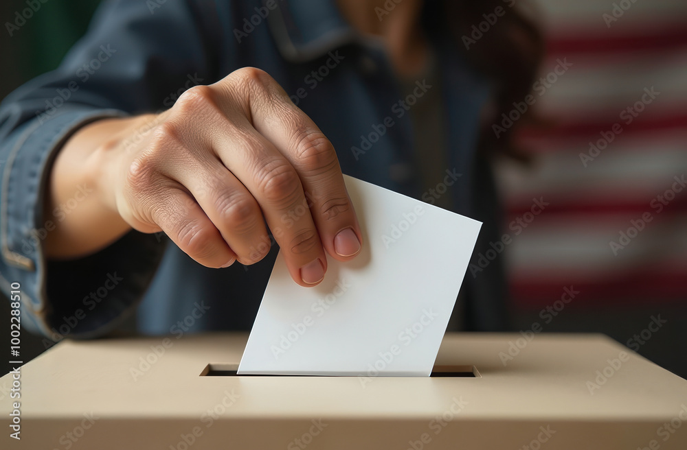 Voting in the box. Close up, Mexican female hands throwing a ballot into a ballot box. US flags in the background. Patriotic voting concept. Voting in the box. Close up, Mexican female hands throwing a ballot into a ballot box. US flags in the background. Patriotic voting concept.