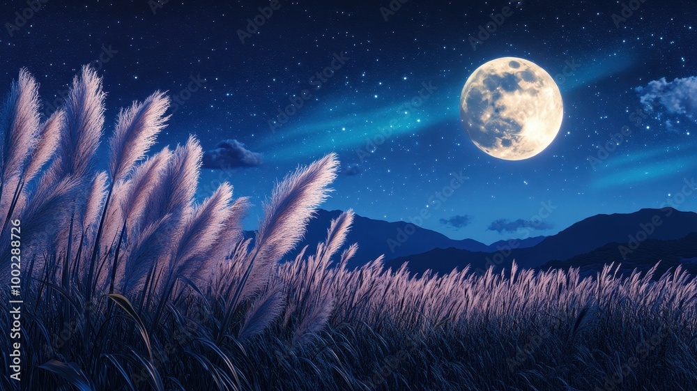 Full moon and Japanese pampas grass in midnight,The harvest Miscanthus sinensis and full moon,beautiful night sky in the countryside with the perfect moon exudes beauty in the dark. Full moon and Japanese pampas grass in midnight,The harvest Miscanthus sinensis and full moon,beautiful night sky in the countryside with the perfect moon exudes beauty in the dark.