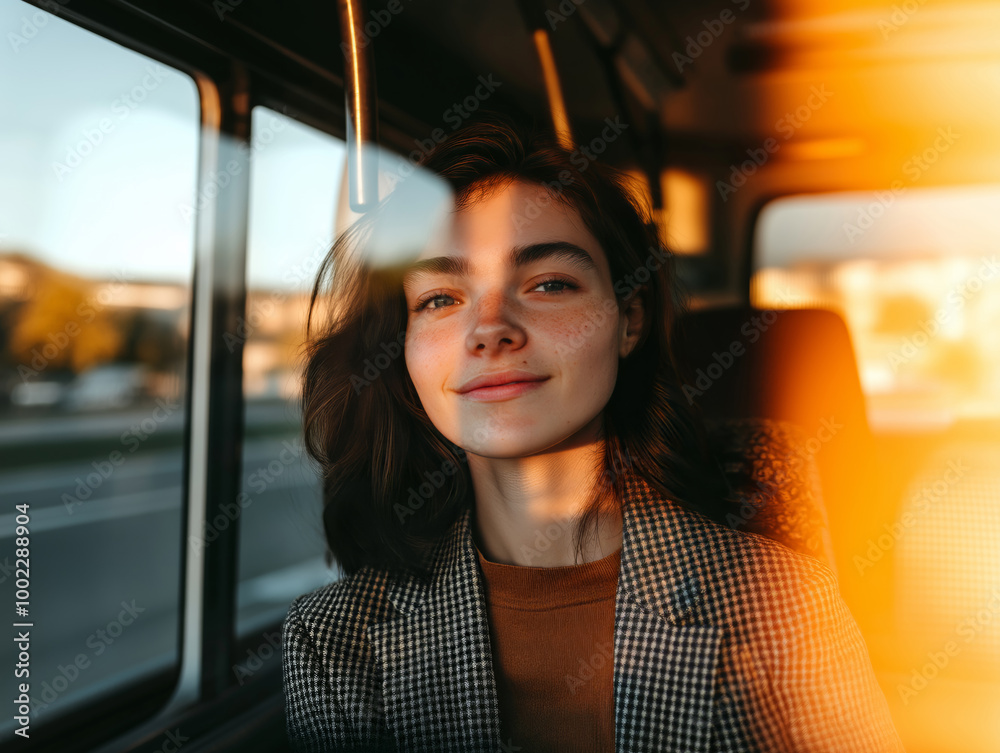 Reflective portrait of a woman sitting in a car, sunlight casting shadows through the window, evoking introspection and calm Reflective portrait of a woman sitting in a car, sunlight casting shadows through the window, evoking introspection and calm