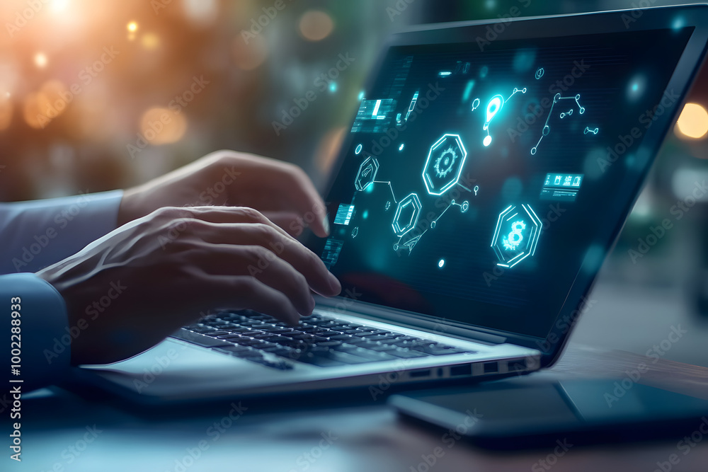 Hands typing on a laptop with digital technology graphics overlay for data analysis and AI insights Hands typing on a laptop with digital technology graphics overlay for data analysis and AI insights
