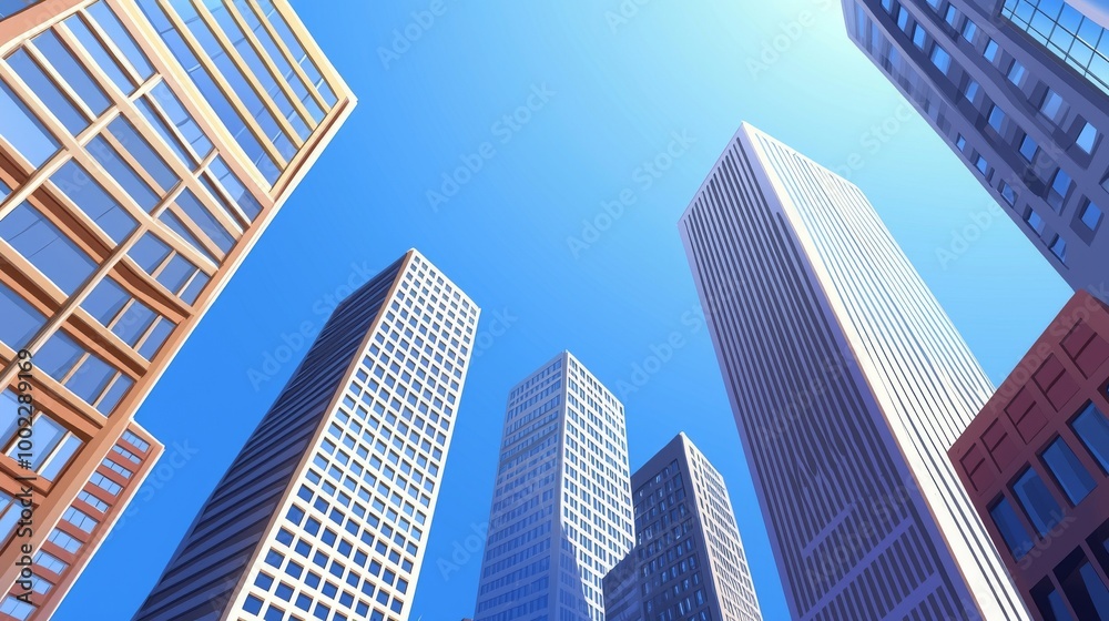 Obraz premium Modern art style abstract geometric city skyline illustration depicting a busy urban environment in various shades of blue