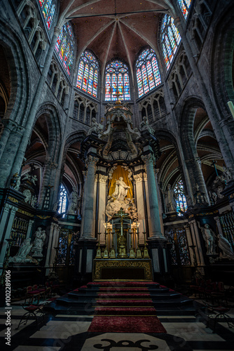 The Altar and Stained Glass of Saint Bavo's Cathedral - Ghent, Belgium photo