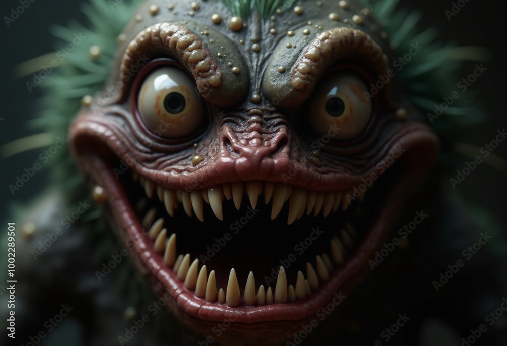 Close-up of a Creepy, Detailed Monster with Sharp Teeth and Large Eyes Close-up of a Creepy, Detailed Monster with Sharp Teeth and Large Eyes