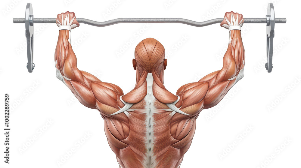 3D icon for web of latissimus dorsi muscle during a pull-up on isolated white background.  