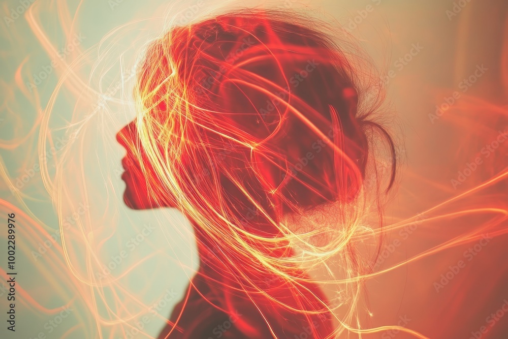 A silhouette of a woman with swirling red and orange light trails during a creative art session A silhouette of a woman with swirling red and orange light trails during a creative art session
